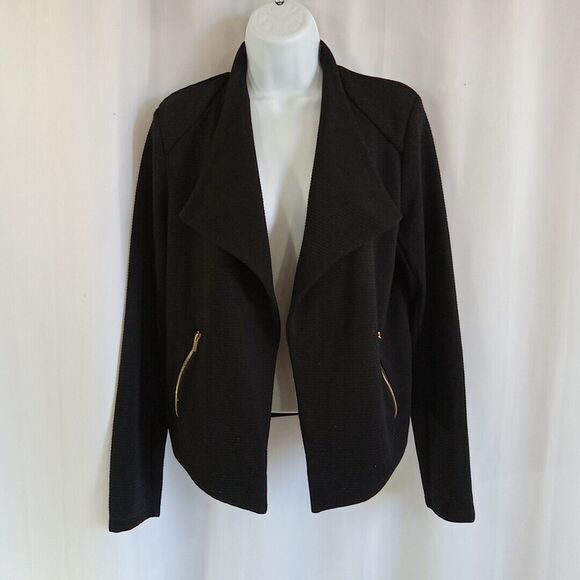 Premise Blazer Women's Size Medium Open Front Black Gold Zipper Pockets - Picture 1 of 14